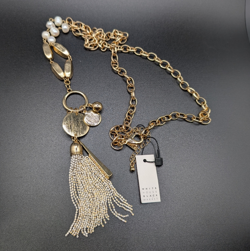 WHBM Gold Pendant Necklace w/ Charms Freshwater Pearls Beaded Tassel NWT $55